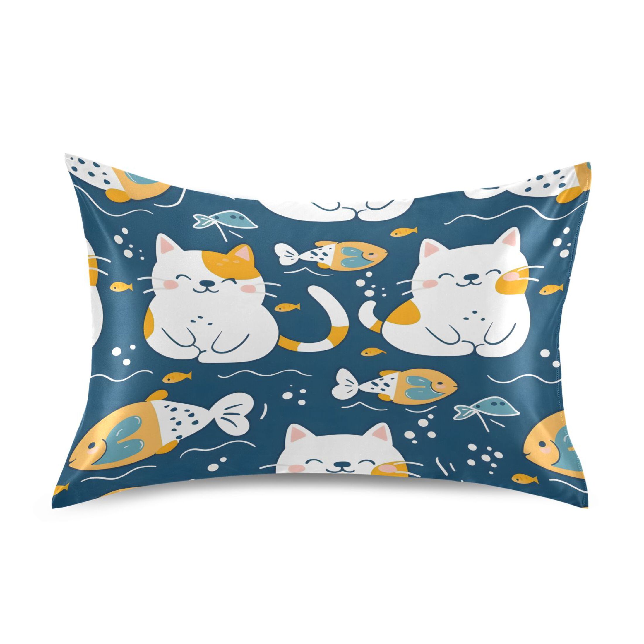 Satin Pillow Case Cute Cat with Fish Standard Silk Pillow Cover for