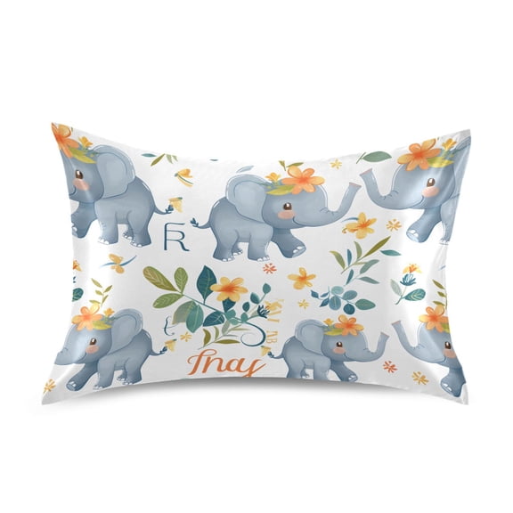 Satin Pillow Case Cute Elephant with Flower Standard Silk Pillow Cover for Hair and Skin Envelope Closure 20"x26"