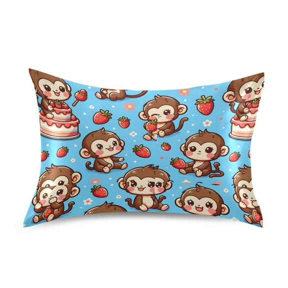 Satin Pillow Case Cute Monkey on Cake Standard Silk Pillow Cover for Hair and Skin Envelope Closure 20"x26"