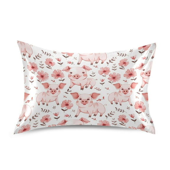 Satin Pillow Case Cute Pig with Flower Standard Silk Pillow Cover for Hair and Skin Envelope Closure 20"x26"