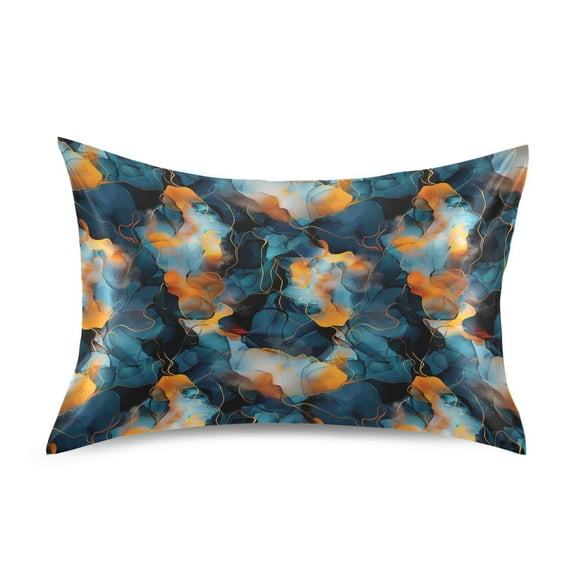 Satin Pillow Case Dark Blue and Orange Marble Standard Silk Pillow Cover for Hair and Skin Envelope Closure 20"x26"