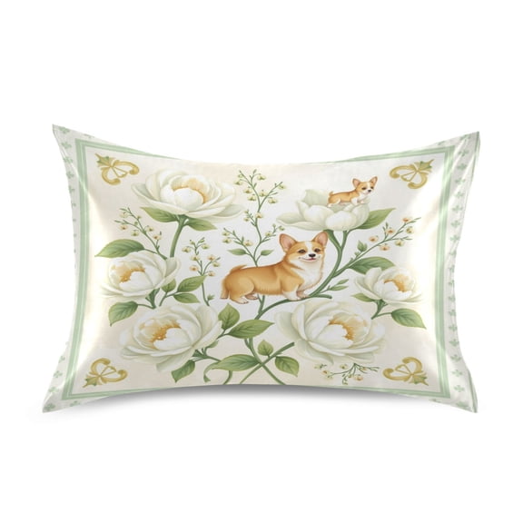 Satin Pillow Case Envelope Pillow Covers Standard Size Soft Pillow Cases for Bedroom, Peony-corgi Printed