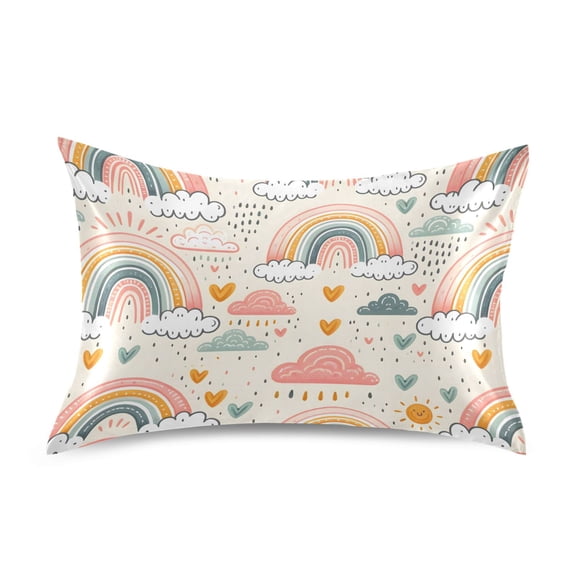 Satin Pillow Case Hand Drawn Rainbow Rain Cloud Queen Silk Pillow Cover for Hair and Skin Envelope Closure 20"x30"