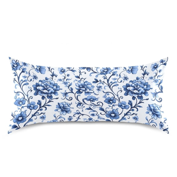 Satin Pillow Case King Silk Pillow Cover for Hair and Skin Envelope Closure Floral with Blue Flowers 20"x40"
