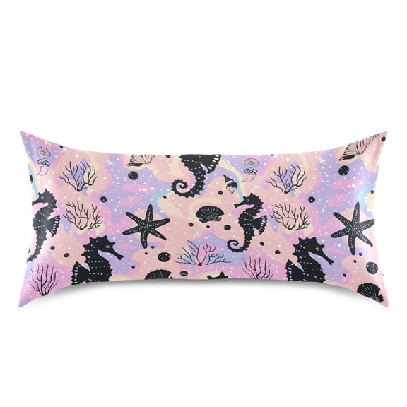 Satin Pillow Case King Silk Pillow Cover for Hair and Skin Envelope Closure Seahorse Coral Seashells 20"x40"