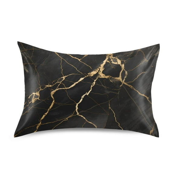 Satin Pillow Case Luxury Black Gold Marble Standard Silk Pillow Cover for Hair and Skin Envelope Closure 20"x26"