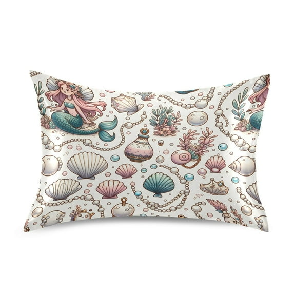 Satin Pillow Case Pearl Shell Mermaid Plant Queen Silk Pillow Cover for Hair and Skin Envelope Closure 20"x30"