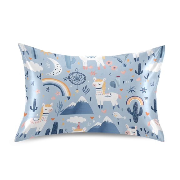 Satin Pillow Case Queen Silk Pillow Cover for Hair and Skin Envelope Closure Llamas Cactus Mountains Rainbow 20"x30"
