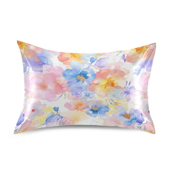 Satin Pillow Case Soft Watercolor Flower Standard Silk Pillow Cover for Hair and Skin Envelope Closure 20"x26"