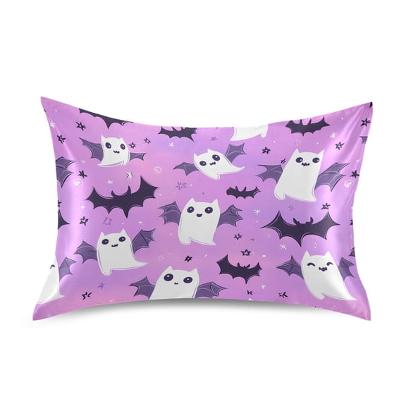 Satin Pillow Case Standard Silk Pillow Cover for Hair and Skin Envelope Closure Adorable Cartoon Ghost Bat 20"x26"