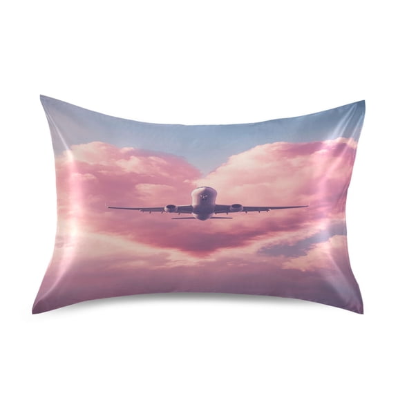 Satin Pillow Case Standard Silk Pillow Cover for Hair and Skin Envelope Closure Airplane Fly Through Heart Cloud 20"x26"