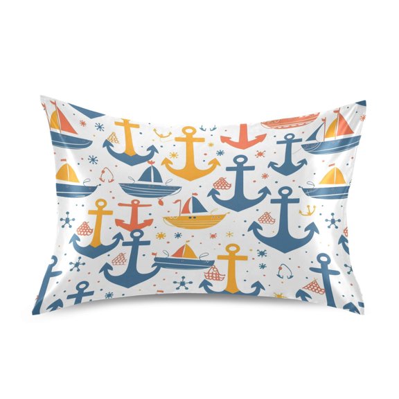 Satin Pillow Case Standard Silk Pillow Cover for Hair and Skin Envelope Closure Anchors Boats Dots 20"x26"