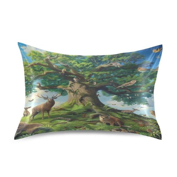 Satin Pillow Case Standard Silk Pillow Cover for Hair and Skin Envelope Closure Animals Surrounded Tree 20"x26"