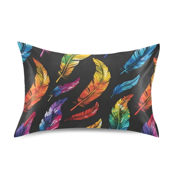 Satin Pillow Case Standard Silk Pillow Cover for Hair and Skin Envelope Closure Beautiful Colorful Feather 20"x26"
