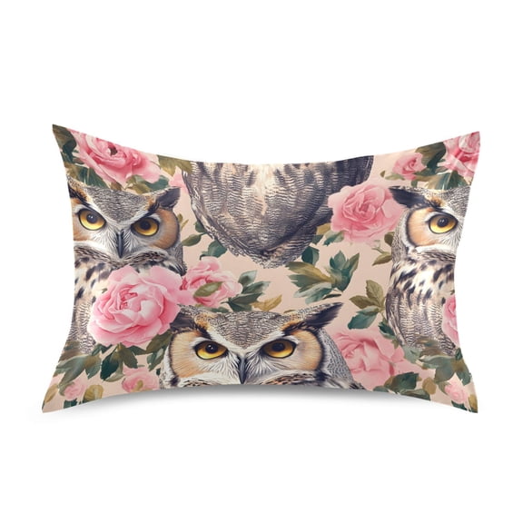 Satin Pillow Case Standard Silk Pillow Cover for Hair and Skin Envelope Closure Beautiful Owls and Pink Roses 20"x26"