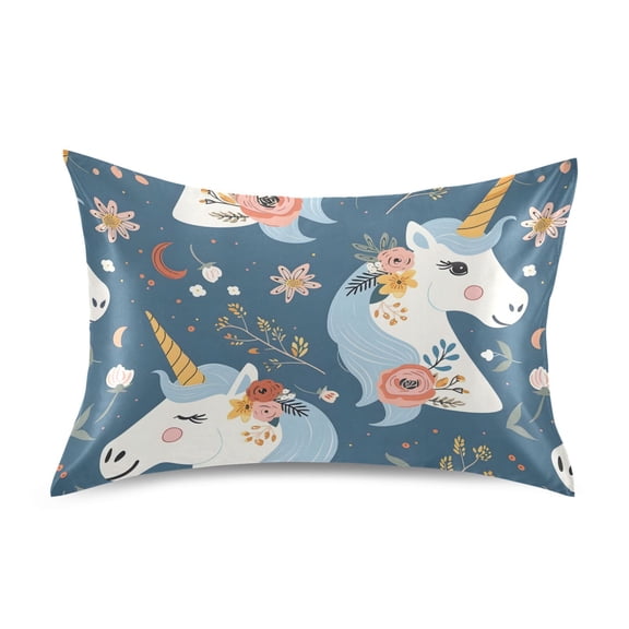 Satin Pillow Case Standard Silk Pillow Cover for Hair and Skin Envelope Closure Beautiful Unicorn Head and Flower 20"x26"