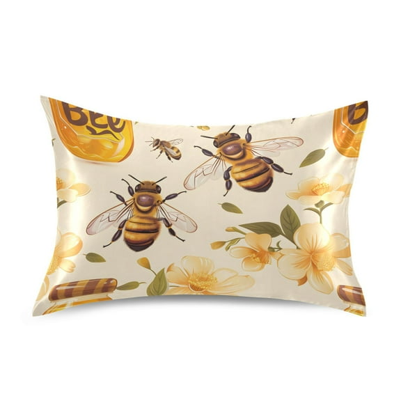 Satin Pillow Case Standard Silk Pillow Cover for Hair and Skin Envelope Closure Bees and Honey 20"x26"