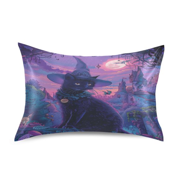 Satin Pillow Case Standard Silk Pillow Cover for Hair and Skin Envelope Closure Black Cat with Wizard Hat 20"x26"