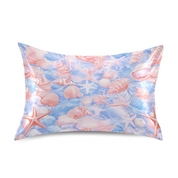 Satin Pillow Case Standard Silk Pillow Cover for Hair and Skin Envelope Closure Blue Pink Shells 20"x26"