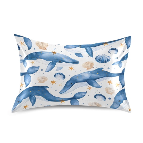 Satin Pillow Case Standard Silk Pillow Cover for Hair and Skin Envelope Closure Blue Whales Seashells Stars 20"x26"