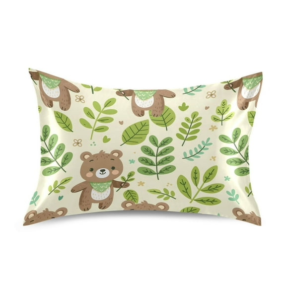 Satin Pillow Case Standard Silk Pillow Cover for Hair and Skin Envelope Closure Cartoon Bear and Leaves 20"x26"