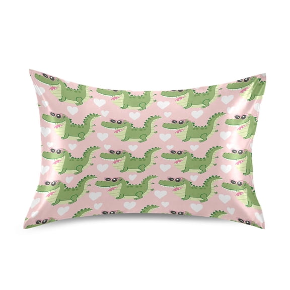 Satin Pillow Case Standard Silk Pillow Cover for Hair and Skin Envelope Closure Cartoon Crocodiles with Heart Sunglasses 20"x26"