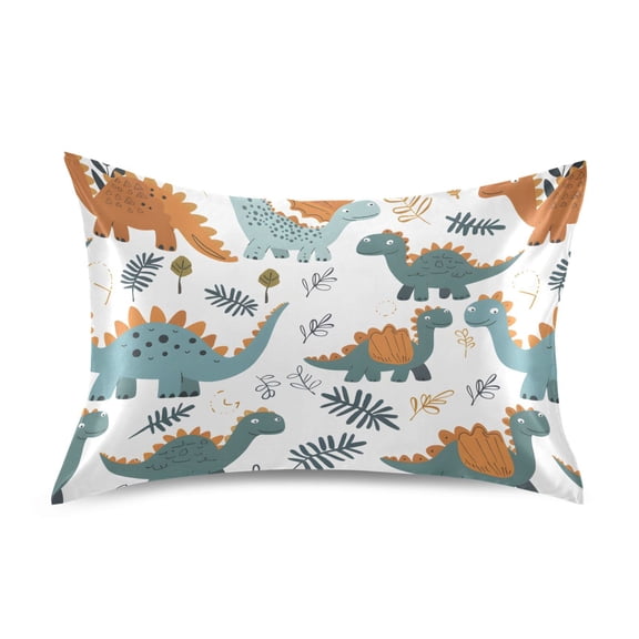 Satin Pillow Case Standard Silk Pillow Cover for Hair and Skin Envelope Closure Cartoon Dinosaurs Leaves 20"x26"