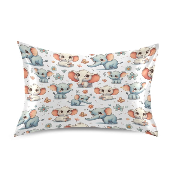 Satin Pillow Case Standard Silk Pillow Cover for Hair and Skin Envelope Closure Cartoon Elephant and Flower 20"x26"