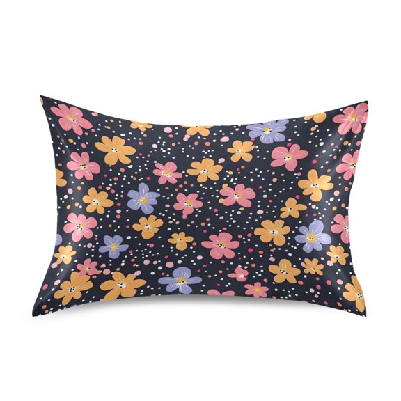 Satin Pillow Case Standard Silk Pillow Cover for Hair and Skin Envelope Closure Cartoon Flowers and Dots 20"x26"
