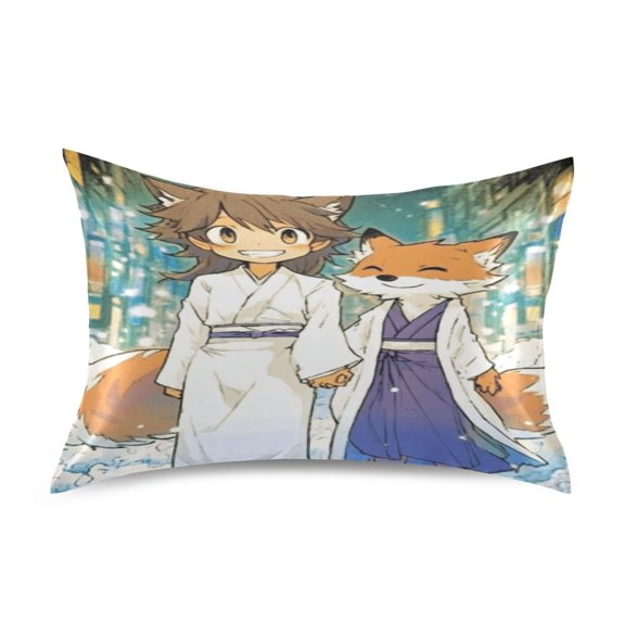 Satin Pillow Case Standard Silk Pillow Cover for Hair and Skin Envelope Closure Cartoon Fox on Street 20"x26"