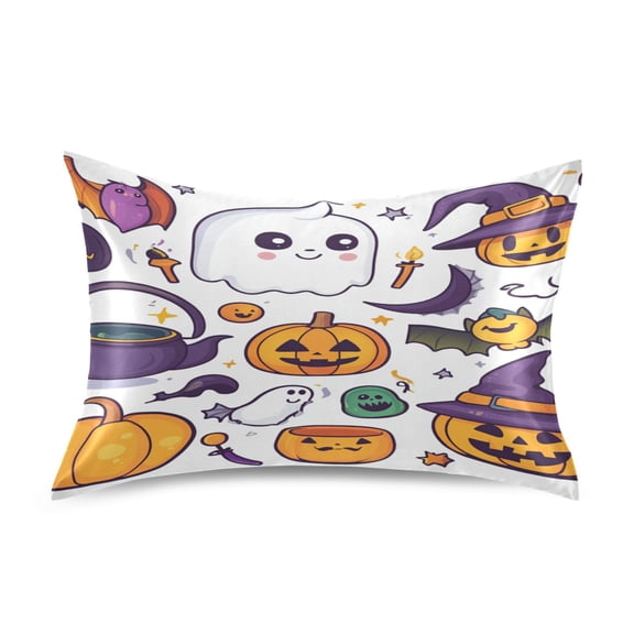 Satin Pillow Case Standard Silk Pillow Cover for Hair and Skin Envelope Closure Cartoon Ghost Pumpkin Bats 20"x26"