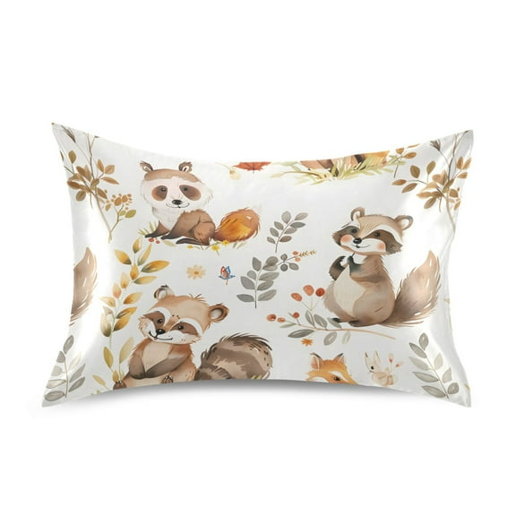Satin Pillow Case Standard Silk Pillow Cover for Hair and Skin Envelope Closure Cartoon Raccoon Fox 20"x26"