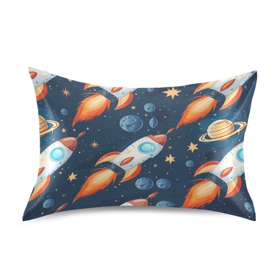 Satin Pillow Case Standard Silk Pillow Cover for Hair and Skin Envelope Closure Cartoon Rocket Planet Star 20"x26"