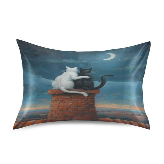 Satin Pillow Case Standard Silk Pillow Cover for Hair and Skin Envelope Closure Cats on House with Moon 20"x26"