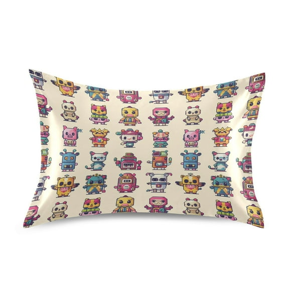 Satin Pillow Case Standard Silk Pillow Cover for Hair and Skin Envelope Closure Characters Pixel Style 20"x26"