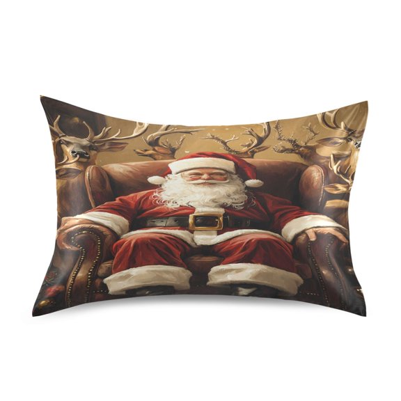 Satin Pillow Case Standard Silk Pillow Cover for Hair and Skin Envelope Closure Christmas Santa Claus and Deers 20"x26"