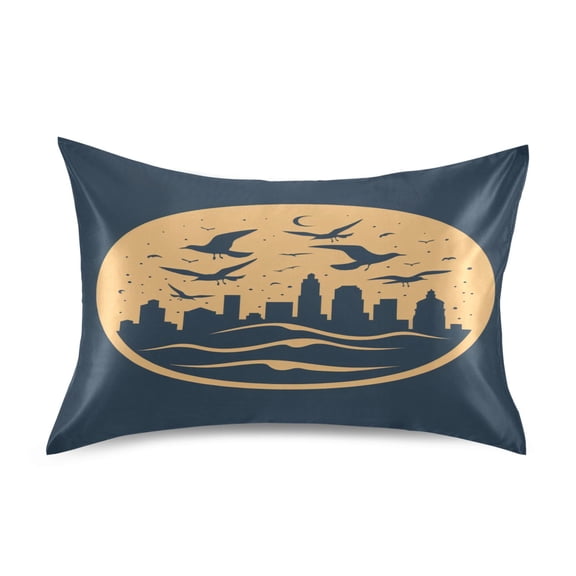 Satin Pillow Case Standard Silk Pillow Cover for Hair and Skin Envelope Closure City Seagulls Moon Wave 20"x26"
