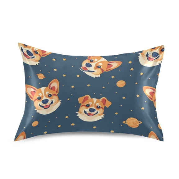 Satin Pillow Case Standard Silk Pillow Cover for Hair and Skin Envelope Closure Corgi Dog and Planet 20"x26"