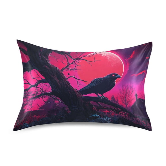 Satin Pillow Case Standard Silk Pillow Cover for Hair and Skin Envelope Closure Crow and Red Moon 20"x26"