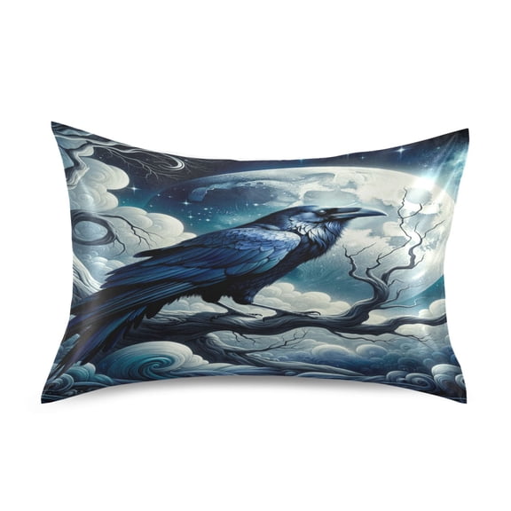Satin Pillow Case Standard Silk Pillow Cover for Hair and Skin Envelope Closure Crow on Branch with Moon 20"x26"