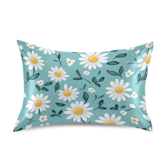 Satin Pillow Case Standard Silk Pillow Cover for Hair and Skin Envelope Closure Cute Adorable Daisies and Leaves 20"x26"
