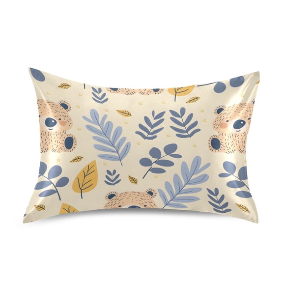 Satin Pillow Case Standard Silk Pillow Cover for Hair and Skin Envelope Closure Cute Bear and Leaves 20"x26"
