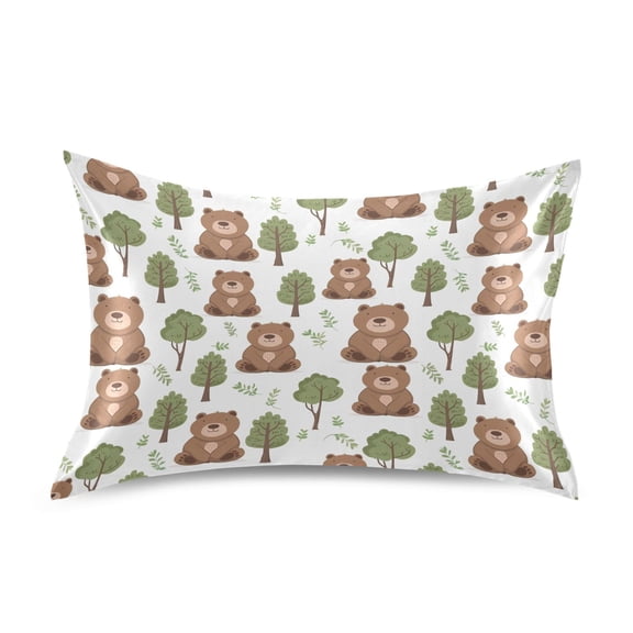 Satin Pillow Case Standard Silk Pillow Cover for Hair and Skin Envelope Closure Cute Bear with Tree 20"x26"