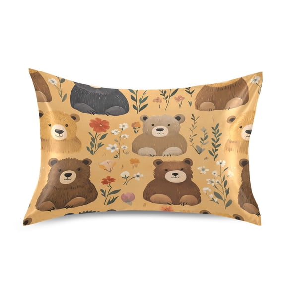 Satin Pillow Case Standard Silk Pillow Cover for Hair and Skin Envelope Closure Cute Bears and Flowers 20"x26"