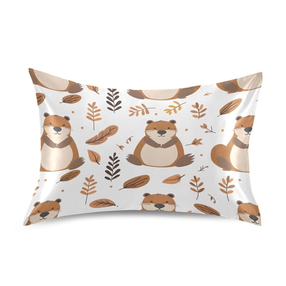 Satin Pillow Case Standard Silk Pillow Cover for Hair and Skin Envelope Closure Cute Beaver and Leaf 20"x26"