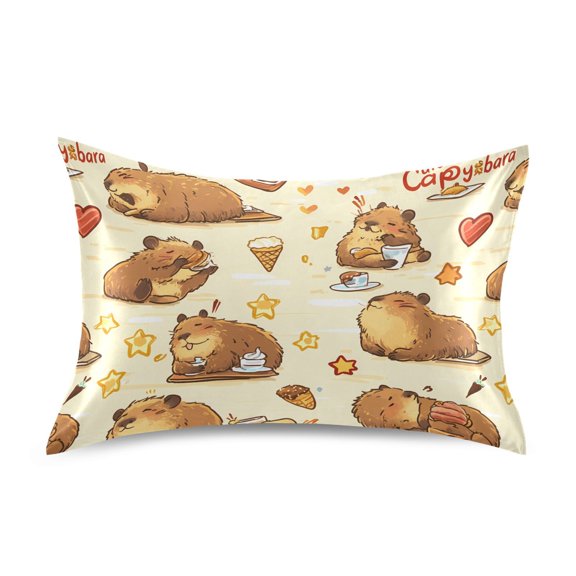 Satin Pillow Case Standard Silk Pillow Cover for Hair and Skin Envelope Closure Cute Capybaras Doing Various Activities 20"x26"