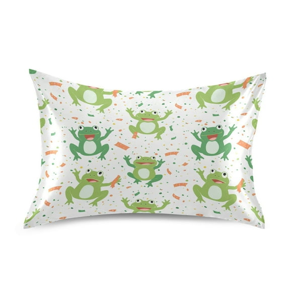 Satin Pillow Case Standard Silk Pillow Cover for Hair and Skin Envelope Closure Cute Cartoon Frogs with Confetti 20"x26"