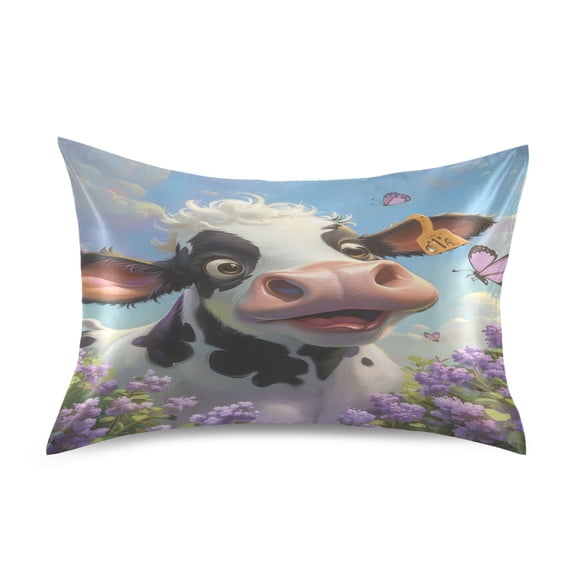 Satin Pillow Case Standard Silk Pillow Cover for Hair and Skin Envelope Closure Cute Cow with Butterfly 20"x26"