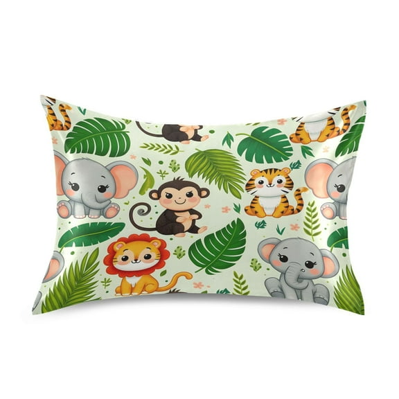 Satin Pillow Case Standard Silk Pillow Cover for Hair and Skin Envelope Closure Cute Lion Tiger Monkey Elephants 20"x26"