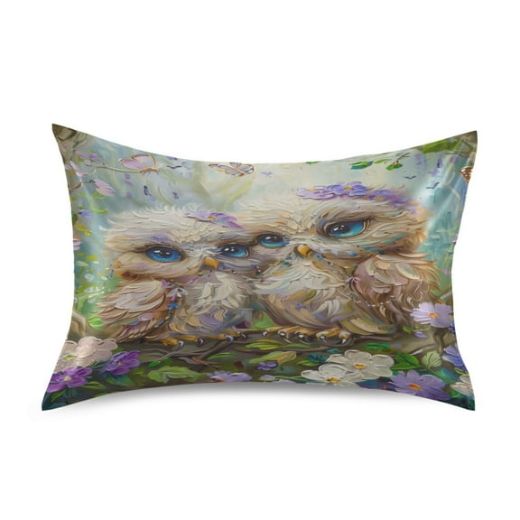 Satin Pillow Case Standard Silk Pillow Cover for Hair and Skin Envelope Closure Cute Owls in Forest 20"x26"